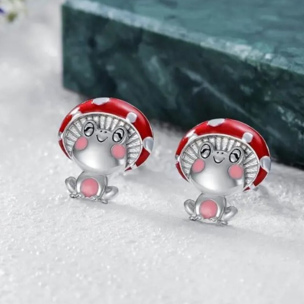 Cute Colorful Chic Frog & Mushroom Red and Pink accent Stud Earrings Set